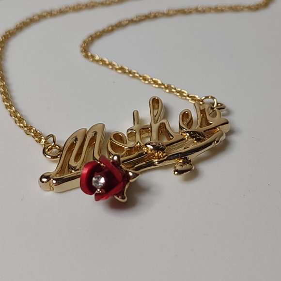 Gold Tone With Red Flower Mother Necklace 18 Inches Long - Picture 4 of 10
